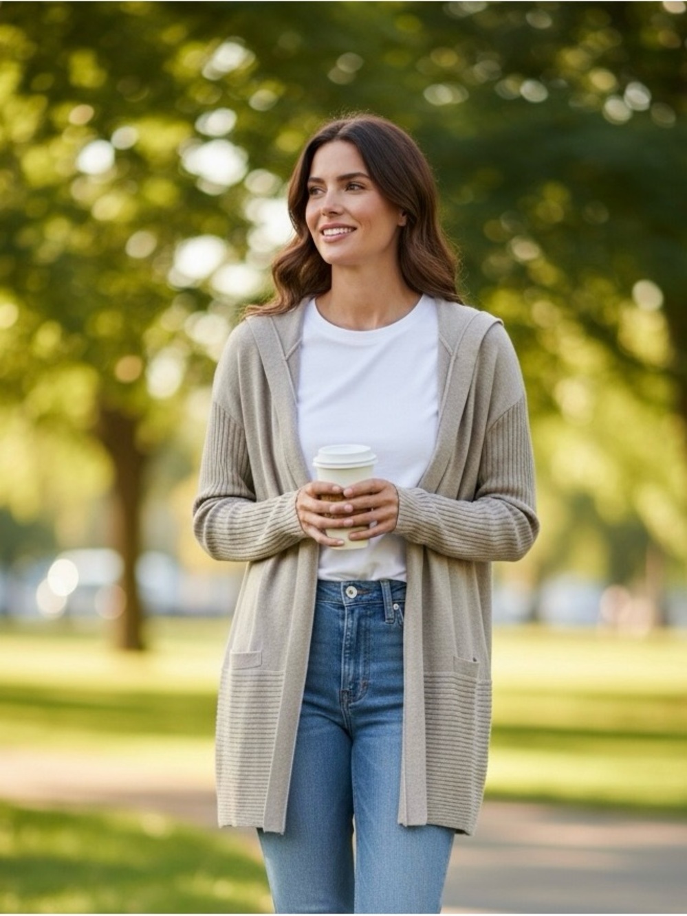 Women's Hooded Open-Front Cardigan Sweater in Light Beige